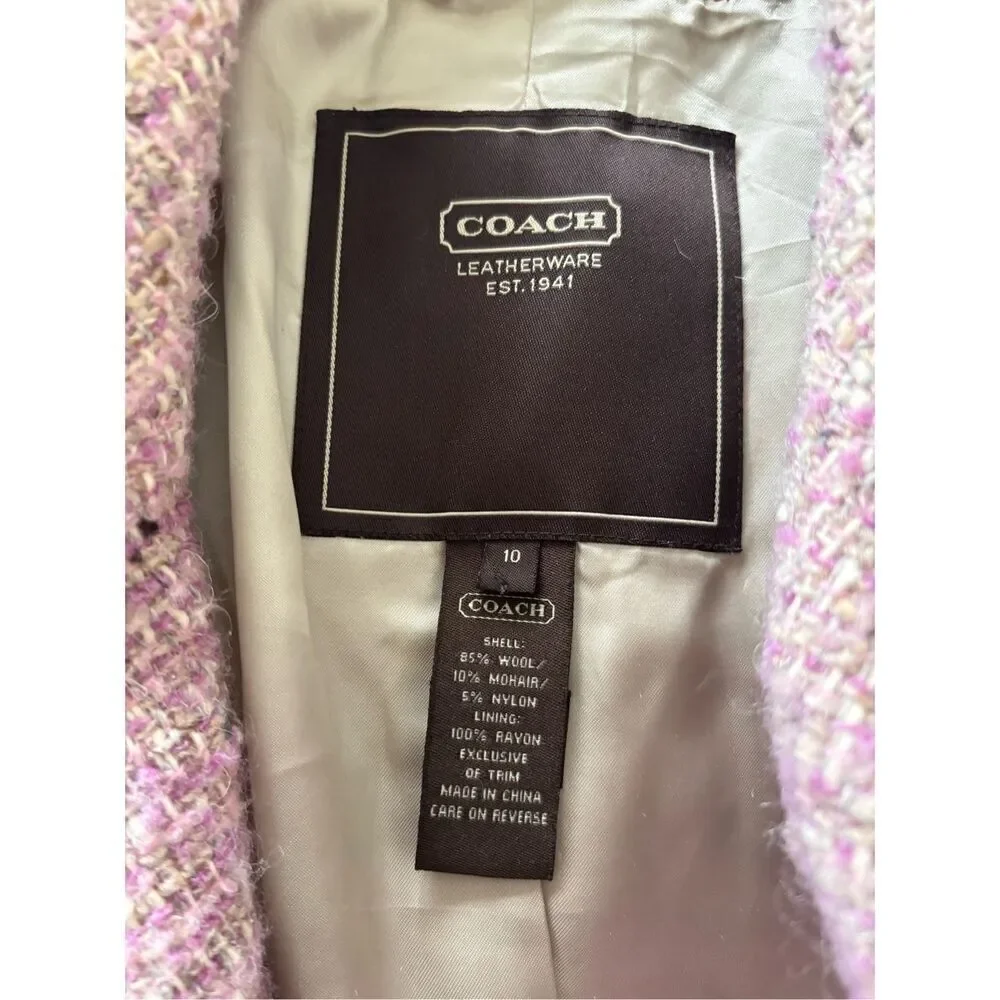 Coach Signature Pink Bouclé Wool Mohair Blend Double Breasted Coat Size 10